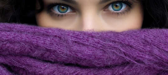 bannière d'un regard de femme derrière une écharpe en laine violet