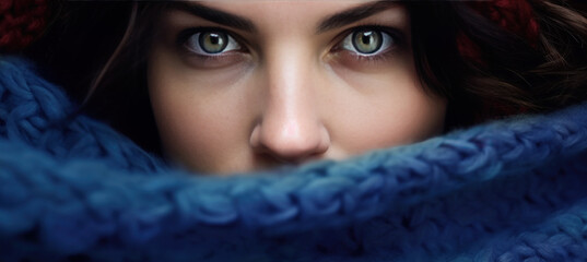 bannière d'un regard de femme derrière une écharpe en laine bleu - obrazy, fototapety, plakaty
