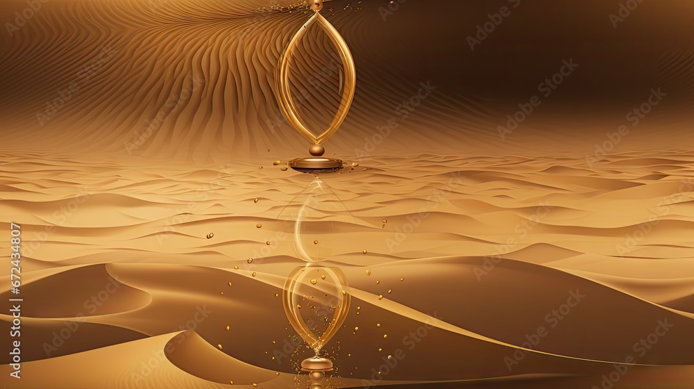 Poster a digital painting of a desert scene with a water drop in the middle of the image and sand dunes in 