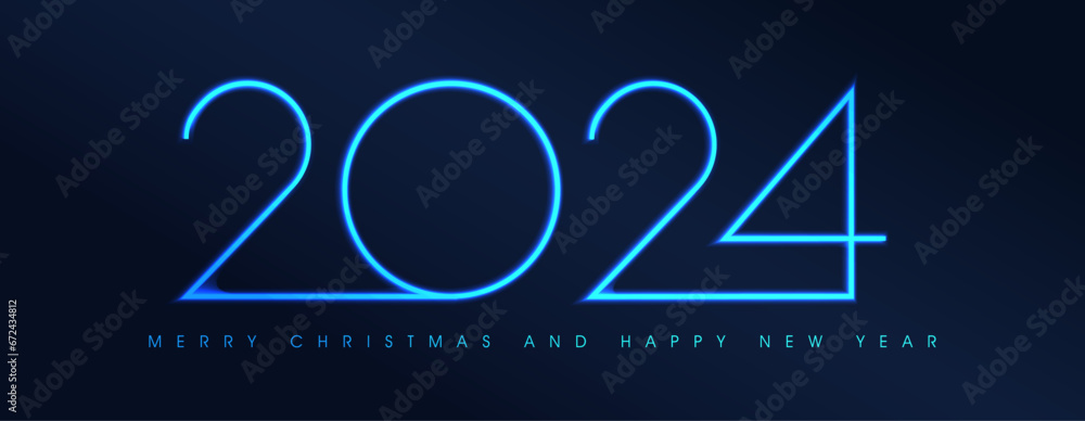 Poster 2024 happy new year. 2024 modern text vector design with glowing blue neon lights.