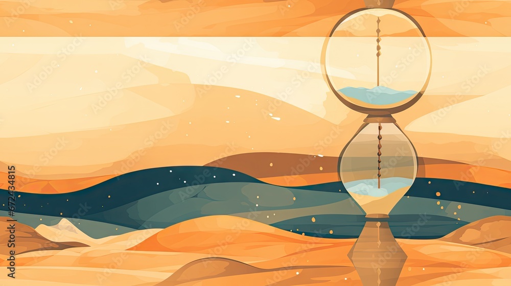 Poster a painting of an hourglass in the desert with mountains in the background and a sky filled with star