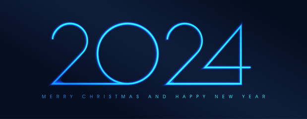 2024 Happy New Year. 2024 modern text vector design with glowing blue neon lights.