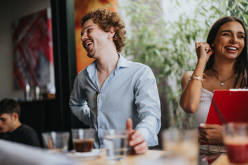 Architects, engineers, and executives discussing blueprint details at a coffee bar. Creative cooperation for successful urban planning and real estate development.