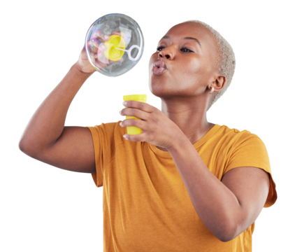 Black woman, wand and blowing big bubbles standing isolated on a transparent PNG background. Face of African female person or model playing with bubble stick for fun soap or playful break in relax