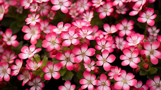  a bunch of pink flowers that are blooming on a plant with green leaves in the middle of the picture.  generative ai