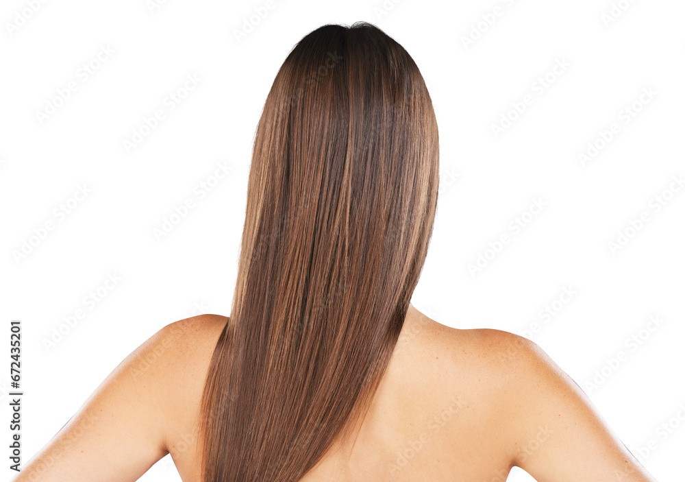 Wall mural back of woman, beauty and straight hair, care and health isolated on a transparent png background. .