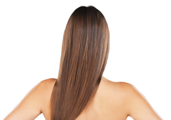 Back of woman, beauty and straight hair, care and health isolated on a transparent png background. .Natural hairstyle, rear view and cosmetics in salon treatment, hairdresser or keratin for wellness