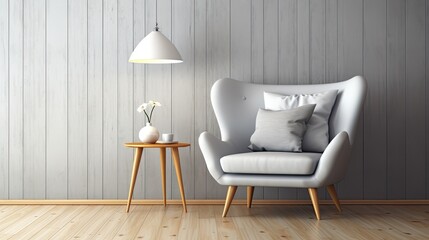 vintage gray armchair, white pillow, lamp and wooden floor, matching the minimalist aesthetic of Scandinavian design,