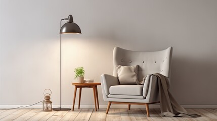 vintage gray armchair, white pillow, lamp and wooden floor, matching the minimalist aesthetic of Scandinavian design,