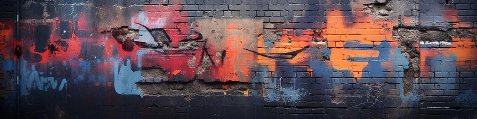 Photo sur Plexiglas Graffiti Graffiti-covered brick wall with vibrant colors