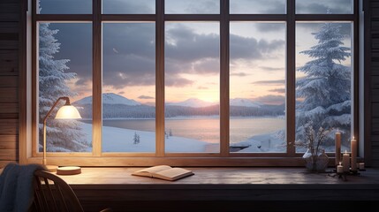 realistic snowy landscape seen from a window, window frame and surrounding elements visible inside the frame.