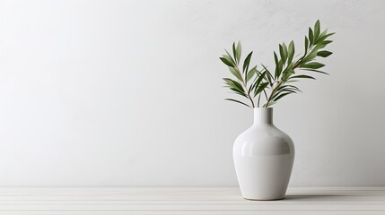 simple composition, the focus is on green branches and a white vase, minimalist interior.
