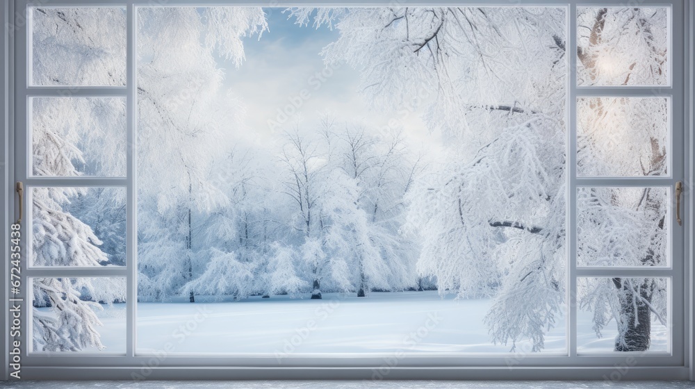 Poster an open window with a view of a snow covered field and trees outside of a snowy forest outside of a 