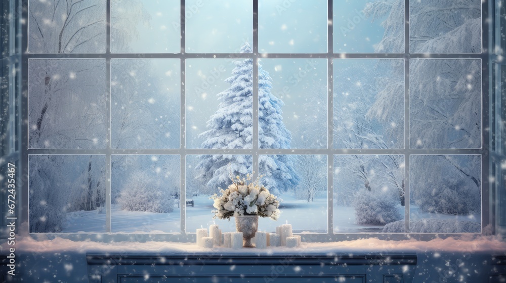 Poster a window view of a snowy winter scene with a vase of flowers and candles in front of a snowy christm