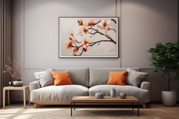 Oriental Elegance: Ombre Grey Sofa and Tree in Captivating Still Life