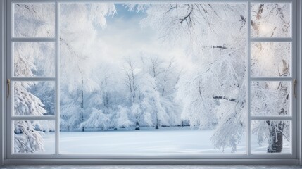  an open window with a view of a snow covered field and trees outside of a snowy forest outside of a window.  generative ai