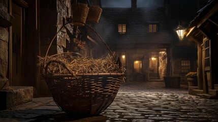 Wicker baskets on a dimly lit alleyway illuminated by lanterns, AI-generated. - obrazy, fototapety, plakaty