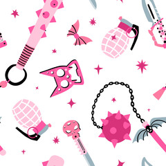 Seamless pattern set of different weapons: a mace, a bat with spikes, morgenstern, brass knuckles, a knife with a cranial handle, a grenade. Theme Halloween in pink with a girls weapon
