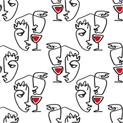 One line minimalistic brush grunge abstract face with wine glass seamless pattern. Vector illustration. Modern contemporary art, trendy continuous drawing. Cubism artistic linear portrait. Simple
