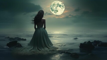 AI generated illustration of a woman on the shore of the ocean admiring the full moon