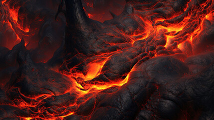 Lava flows through cracked rocky terrain