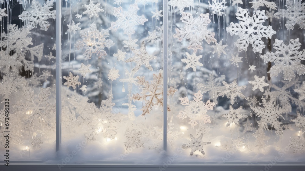 Poster a window with snowflakes on it and a christmas tree in the window sill in front of it. generative ai