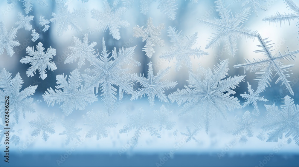 Poster a close up of a frosted window with trees in the background and snow flakes in the foreground. gener