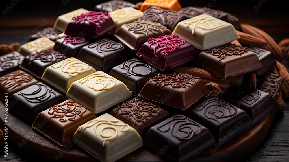 Poster a close up of many different types of chocolates on a wooden platter with tassels on it. generative 