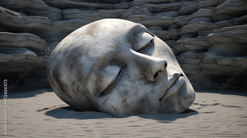 Poster a large white ball with a face sitting in the middle of a sandy area with large rocks in the backgro