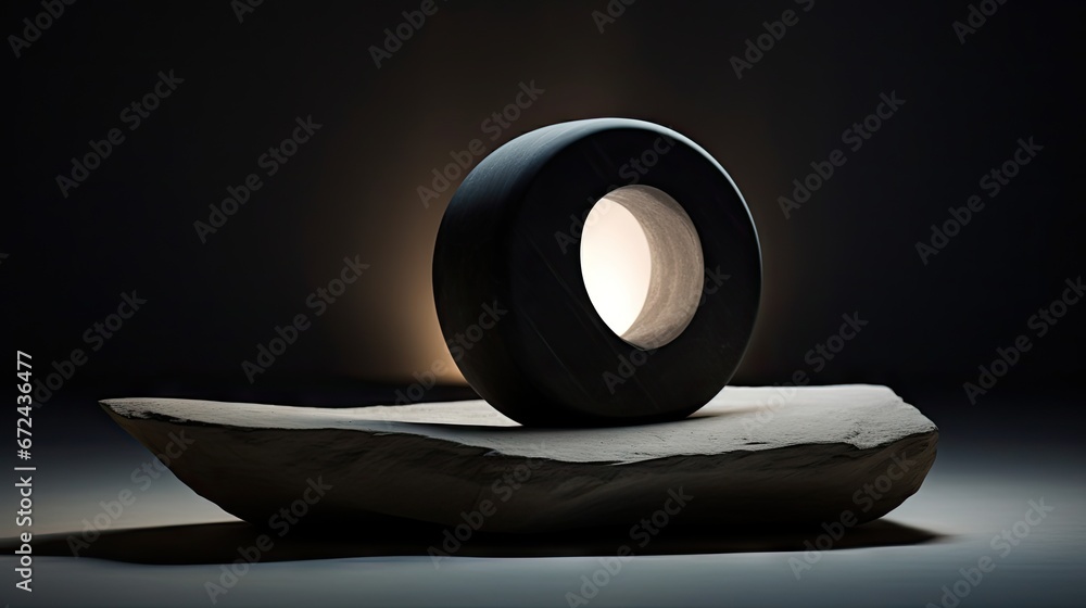 Poster a black object sitting on top of a rock with a light coming out of the center of the object on top o
