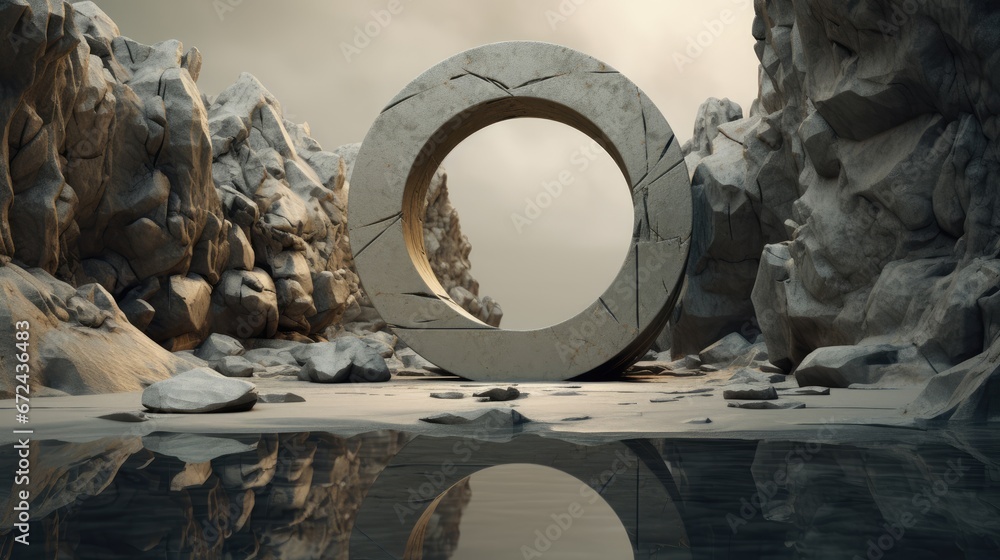 Poster a large circular object sitting in the middle of a body of water next to rocks and a body of water. 