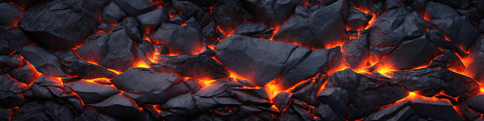 Glowing magma between dark rocks
