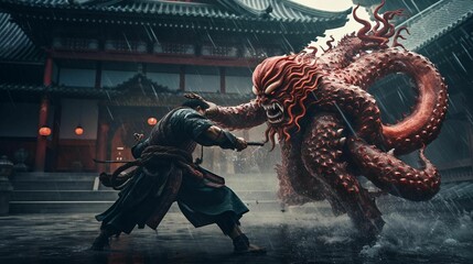 AI generated illustration of a samurai fighting with a fantasy octopus monster near a temple