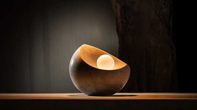  a wooden bowl sitting on top of a table with a lit candle inside of it on top of a wooden table.  generative ai