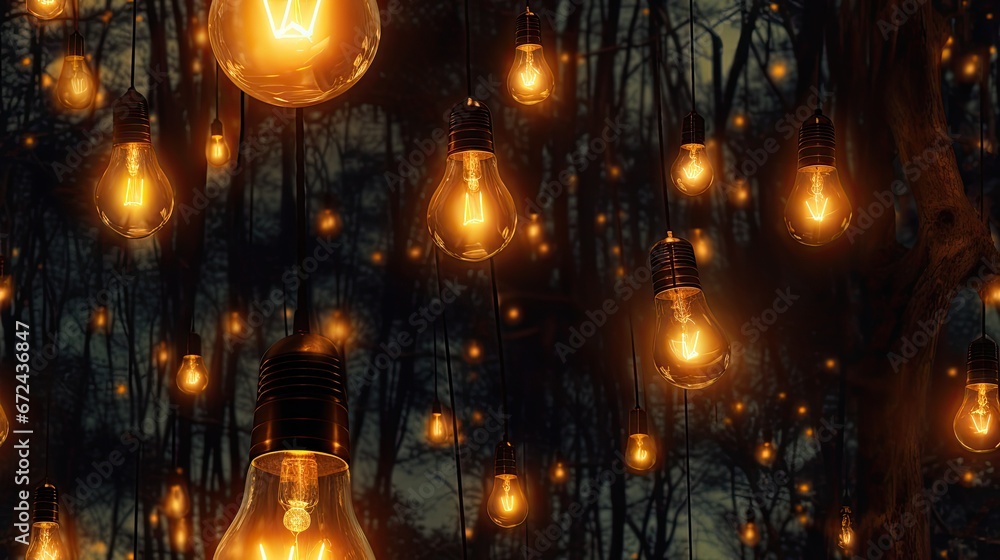 Poster a group of light bulbs hanging from a tree in a forest with lots of light bulbs hanging from the bra