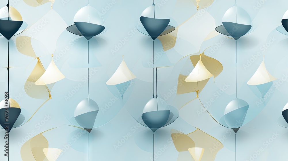 Aufkleber a blue and yellow wall with a bunch of hanging objects hanging from it's sides and a blue wall with 