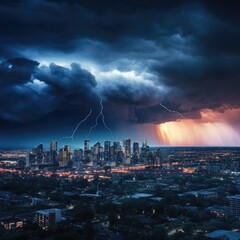 Electric Nights: Dramatic Skyscraper Cityscape During Thunderstorm
