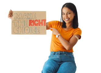 Isolated woman, protest sign and vaccine in portrait with plaster, point or choice by transparent png background. Girl, cardboard poster or happy for medical decision to stop virus, voice and health