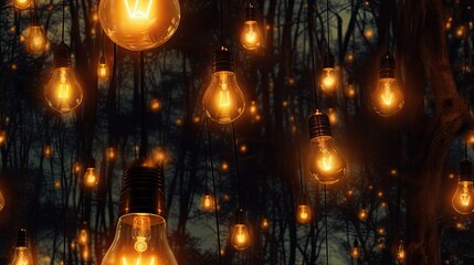  a group of light bulbs hanging from a tree in a forest with lots of light bulbs hanging from the branches.  generative ai