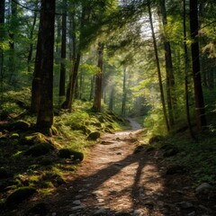 Fototapeta premium Tranquil Trail Through Autumn Forest: Nature's Beauty in Green Environment