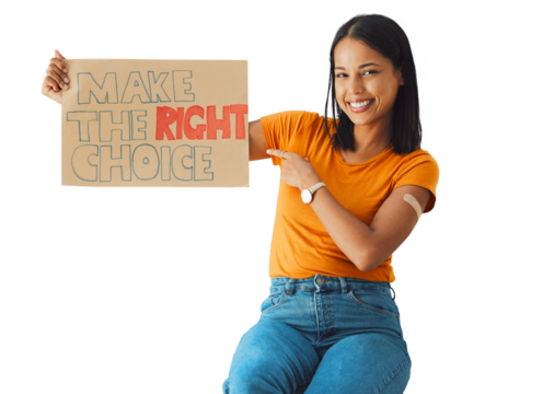 Isolated woman, protest sign and vaccine in portrait with plaster, point or choice by transparent png background. Girl, cardboard poster or happy for medical decision to stop virus, voice and health