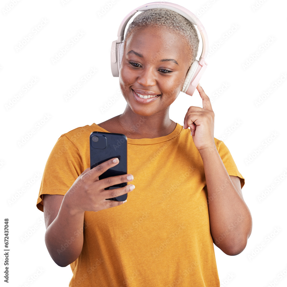 Poster Headphones, smile and young black woman with phone listening to music, podcast or radio. Happy, technology and African female model stream playlist on cellphone isolated by transparent png background