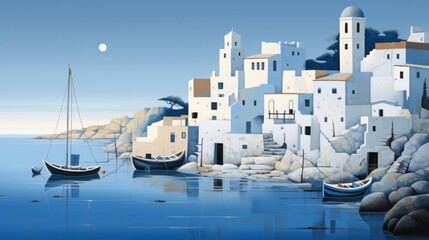 Fototapeta premium mediterranean village, the whitewashed houses with blue doors and windows, fisherboats, copy space, 16:9