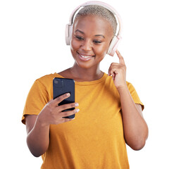 Headphones, smile and young black woman with phone listening to music, podcast or radio. Happy,...