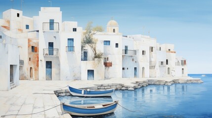mediterranean village, the whitewashed houses with blue doors and windows, fisherboats, copy space, 16:9
