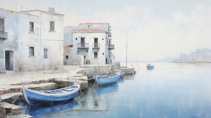 Fototapeta na wymiar mediterranean village, the whitewashed houses with blue doors and windows, fisherboats, copy space, 16:9