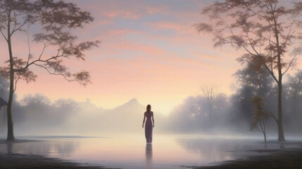 Fototapeta premium serene scene at dawn with soft, diffused light, featuring a woman enveloped in the gentle morning mist, copy space, 16:9