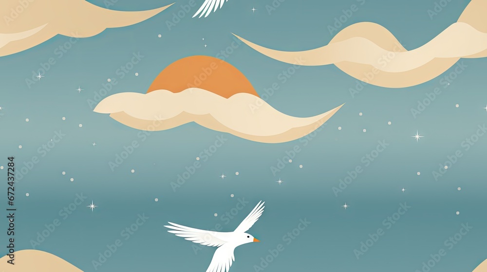 Poster a picture of a bird flying in the sky with the sun in the background and clouds in the foreground. g