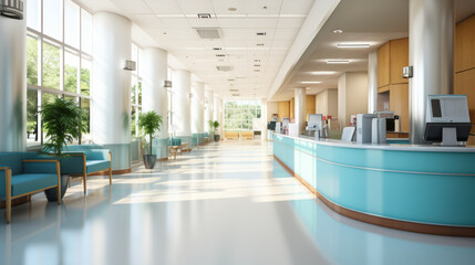 Obraz premium Unfocused Background: Clinical Hallway and Reception