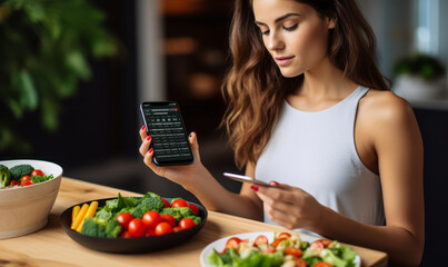 Young Woman Using Calorie Counter App While Enjoying Vegetable Salad - obrazy, fototapety, plakaty